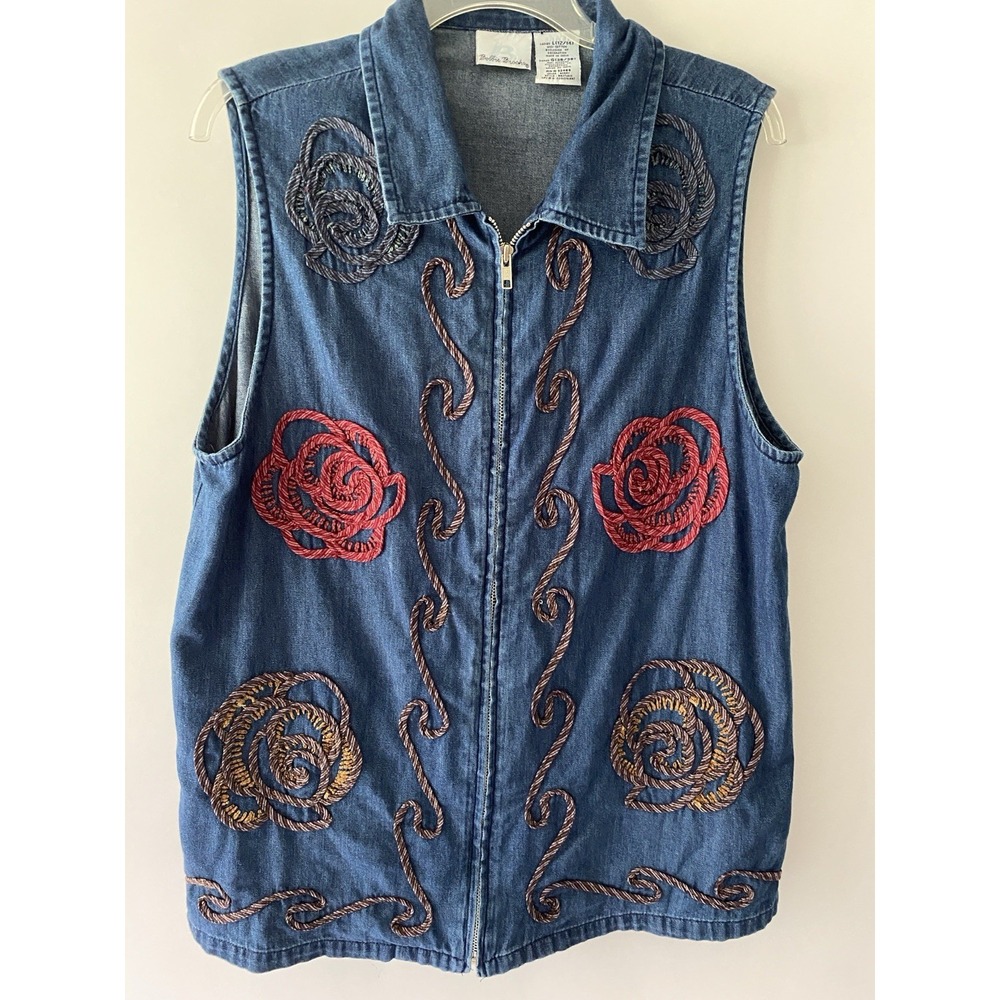 Bobbie Brooks Denim Vest Women Sz L Zip Front Embroidery Western Boho Vintage